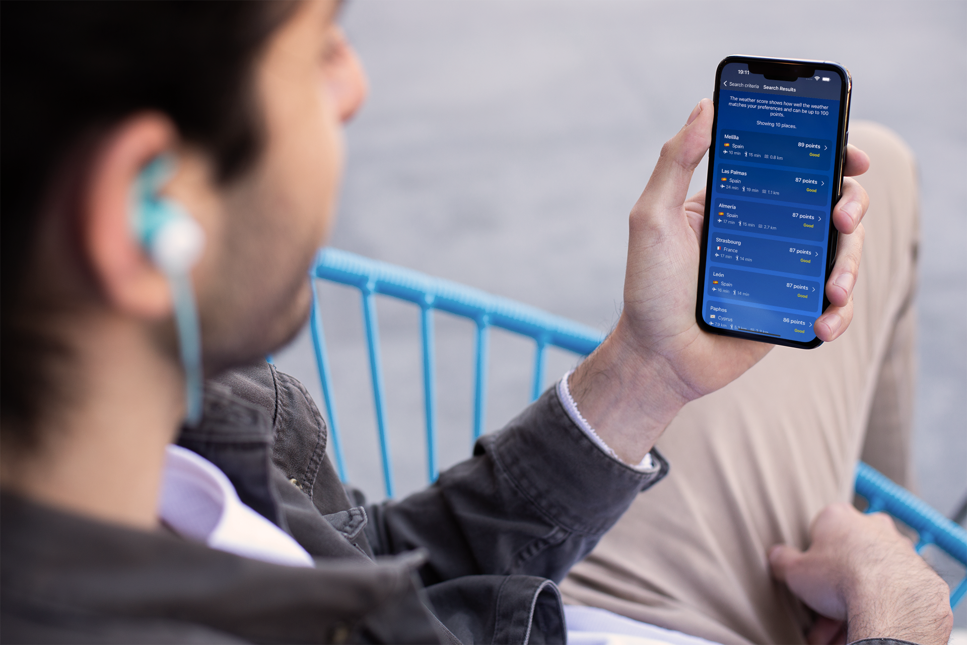 BlueScore app running on iPhone showing weather-ranked travel destinations